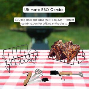 BBQ Rib Rack Non Stick & BBQ Tool Set 5 in 1 Multifunction Spatula Pack1 Combo